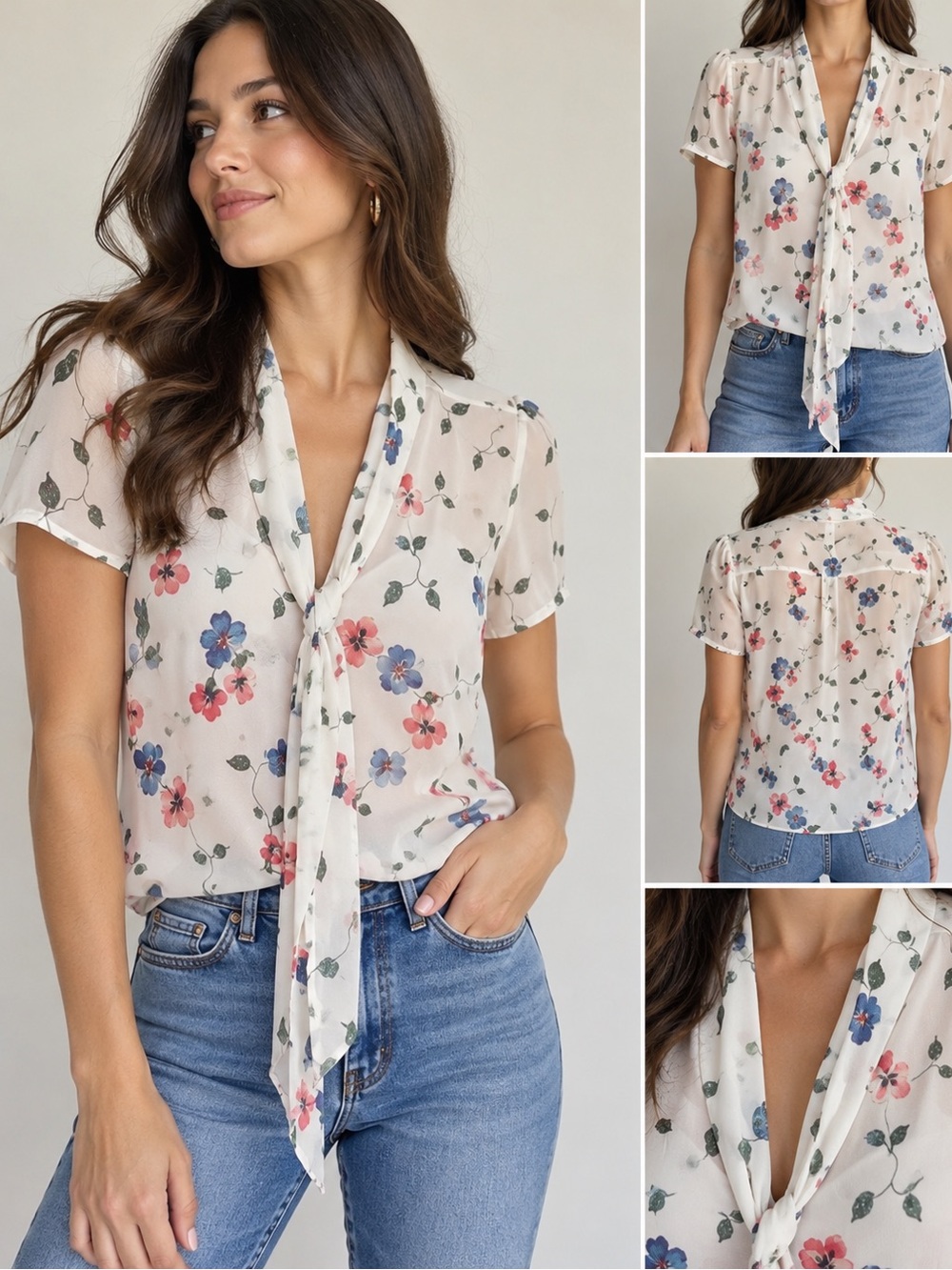 Ann Taylor Factory Petite Floral Tie Neck Blouse MP